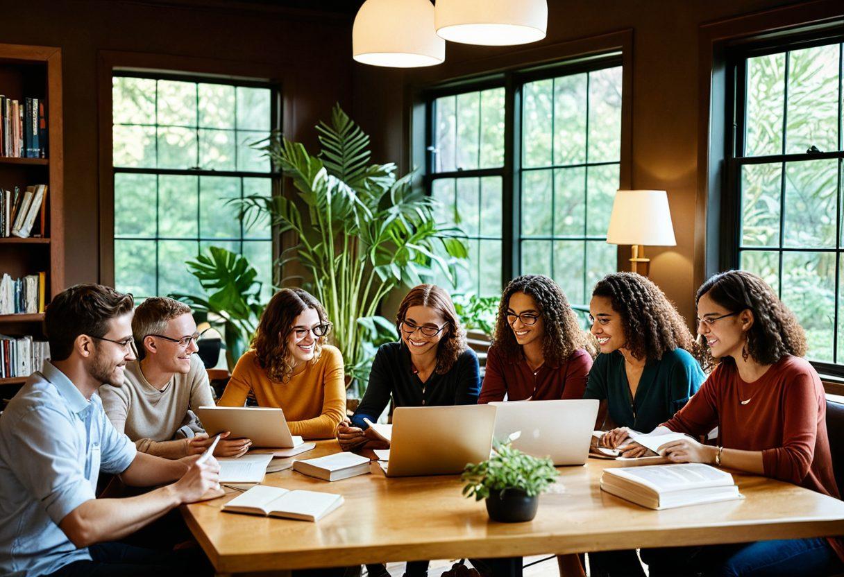 A vibrant community gathering scene showcasing diverse individuals engaging in discussions around a central table filled with books and laptops, symbolizing the sharing of informative content. Bright colors highlight the warmth of connections, with plants and decorations in the background to create a welcoming atmosphere. Include a gentle sunlight filtering through a window, enhancing the feeling of openness. super-realistic. vibrant colors. warm tones.