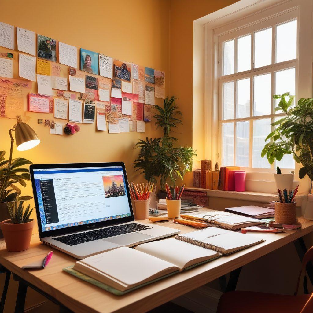 A vibrant and inviting workspace filled with creative tools like notebooks, colorful pens, and a laptop, showcasing a writer passionately typing. The background features a wall adorned with inspiring quotes and a cozy reading nook, bathed in warm sunlight. Include elements of social media interaction, like notifications popping up around the workspace, signifying reader engagement. super-realistic. vibrant colors. warm tones.